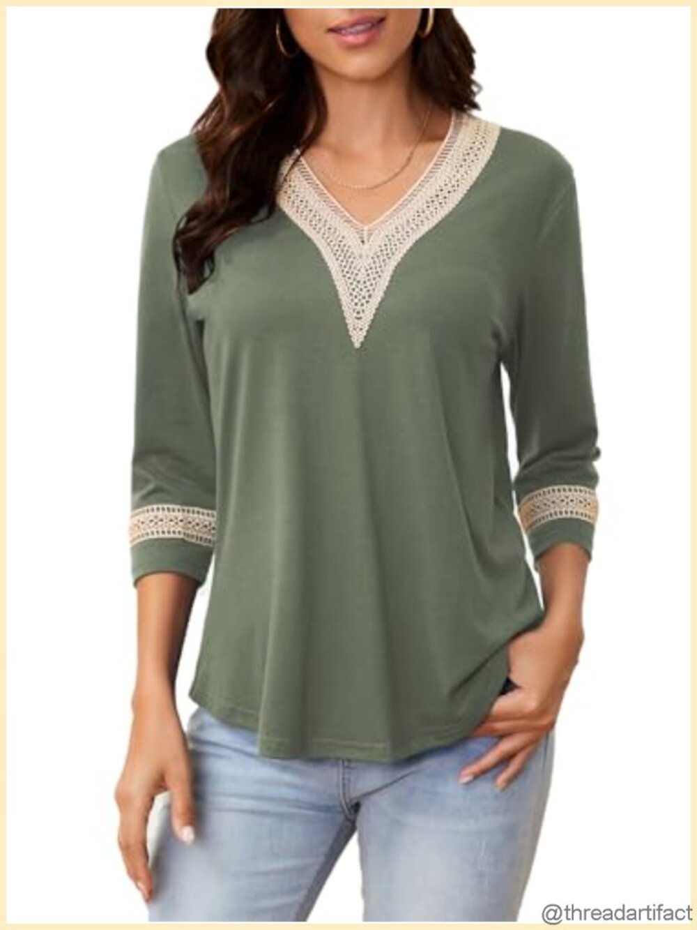 Women's 3/4 Sleeve Guipure Lace V-Neck Tunic Top Casual Dressy Blouse